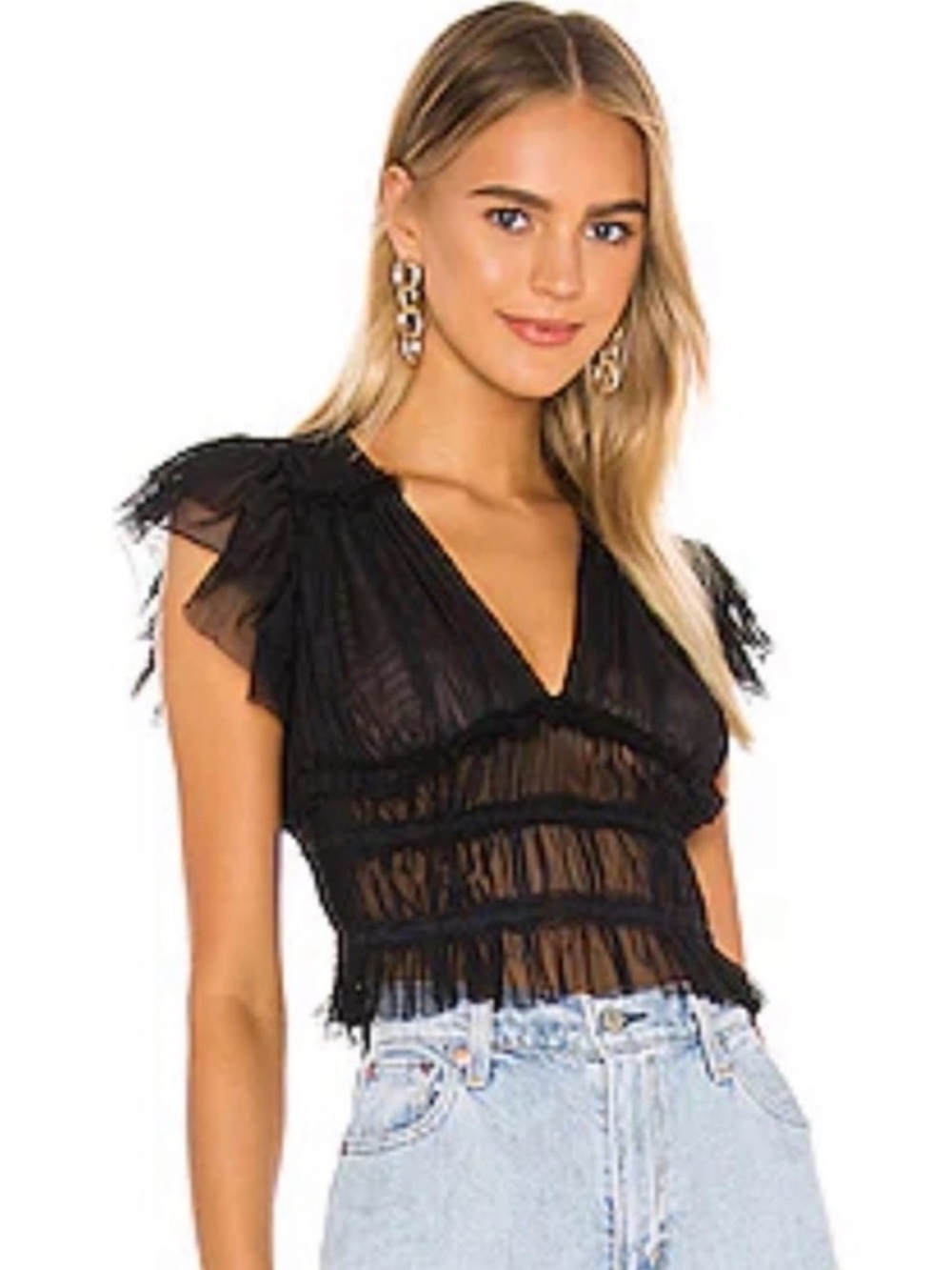 Free People Black Sheer Tulle Ruffle Crop Top